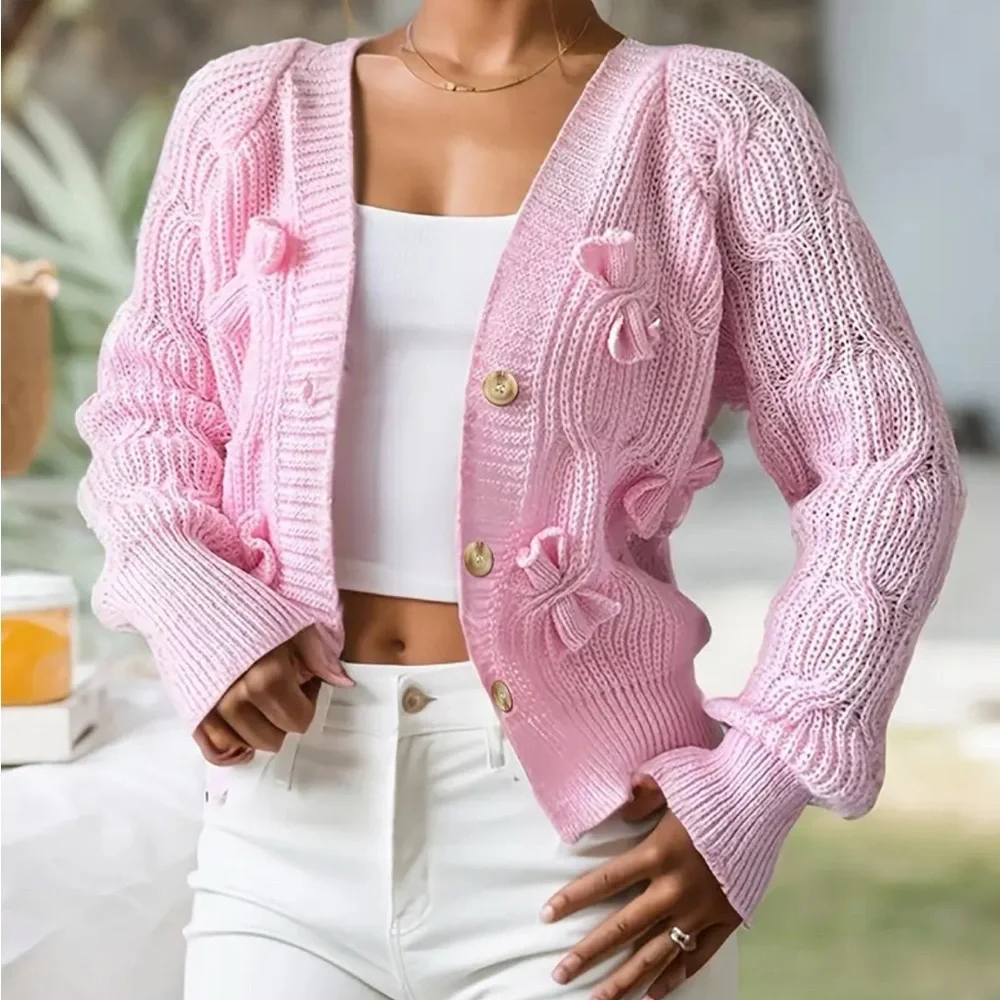 New Cardigan Pink Knitted Women's Sweater with Bow Details - Picture 4 of 6